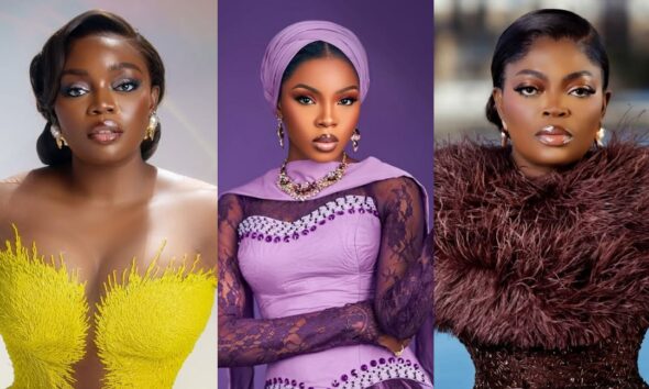 A collage of AMVCA 12 Best Supporting Actress nominees: Bisola Aiyeola in a yellow gown, Amal Umar in lilac lace, and Funke Akindele in a chocolate brown feathered dress.