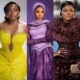 A collage of AMVCA 12 Best Supporting Actress nominees: Bisola Aiyeola in a yellow gown, Amal Umar in lilac lace, and Funke Akindele in a chocolate brown feathered dress.