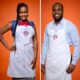 Nigerian contestants Rita Igbinoba and Peter Egede wearing their white MasterChef aprons for Season 16: Global Gauntlet.