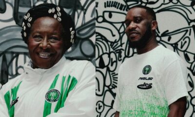A split-screen promotional image featuring actress Patience Ozokwo in a white and green Nike tracksuit next to football legend Jay-Jay Okocha wearing a white and lime green graphic jersey from the Slawn collaboration.