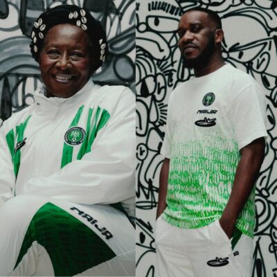 A split-screen promotional image featuring actress Patience Ozokwo in a white and green Nike tracksuit next to football legend Jay-Jay Okocha wearing a white and lime green graphic jersey from the Slawn collaboration.