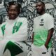 A split-screen promotional image featuring actress Patience Ozokwo in a white and green Nike tracksuit next to football legend Jay-Jay Okocha wearing a white and lime green graphic jersey from the Slawn collaboration.