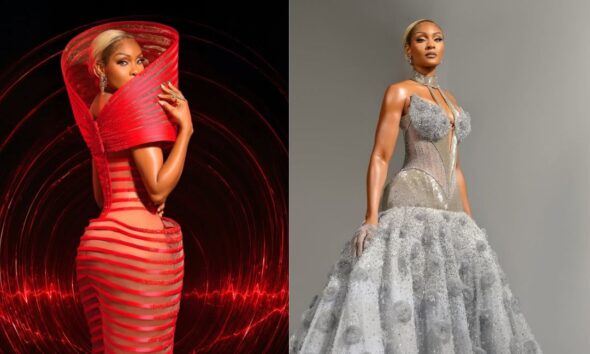 A side-by-side collage showing Osas Ighodaro’s two distinct red carpet looks by Veekee James at the 12th AMVCA.