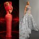 A side-by-side collage showing Osas Ighodaro’s two distinct red carpet looks by Veekee James at the 12th AMVCA.