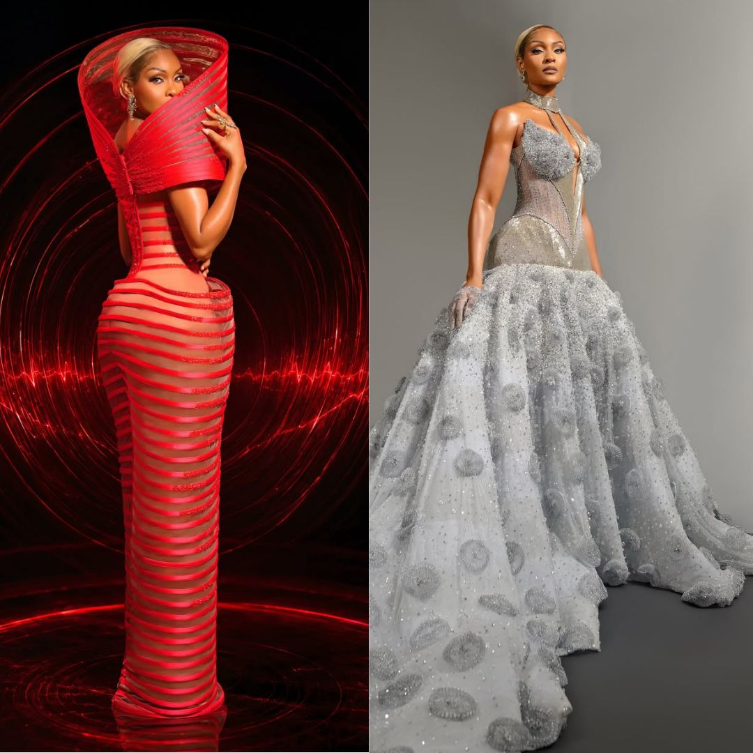 A side-by-side collage showing Osas Ighodaro’s two distinct red carpet looks by Veekee James at the 12th AMVCA.