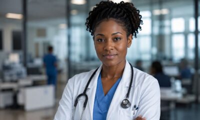An AI-generated photo of a professional Black female healthcare worker sitting at a desk with a stethoscope, representing a medical expert delivering a public health advisory.
