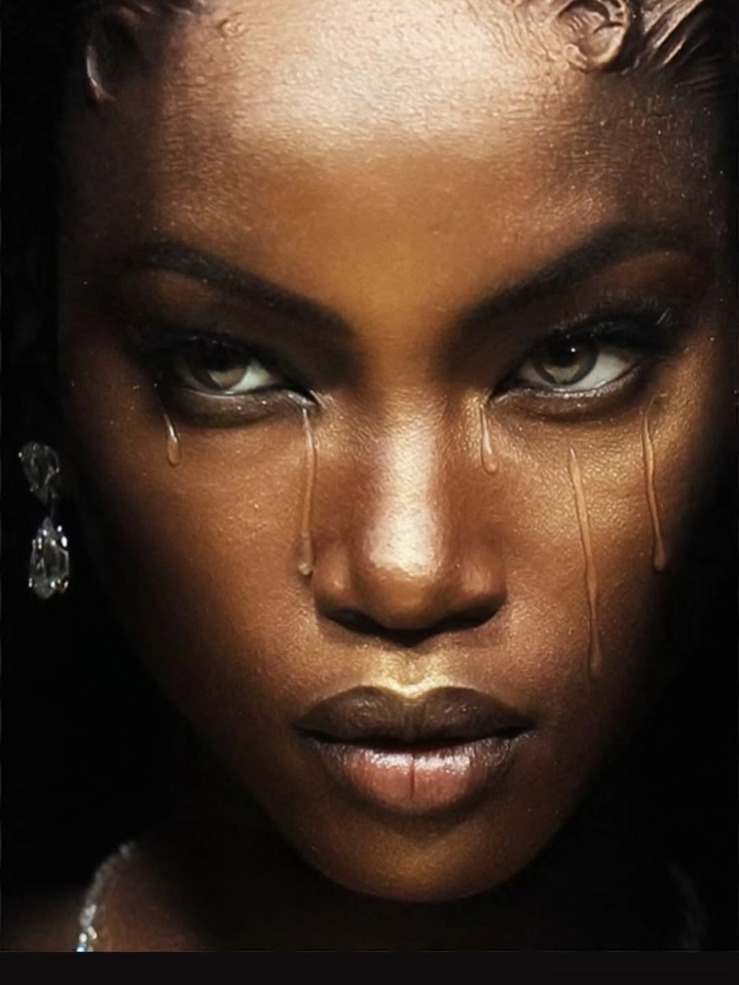 Close-up of Anok Yai’s Met Gala 2026 makeup featuring wax-like tear tracks, bronze metallic skin, and sculpted metallic hair waves.