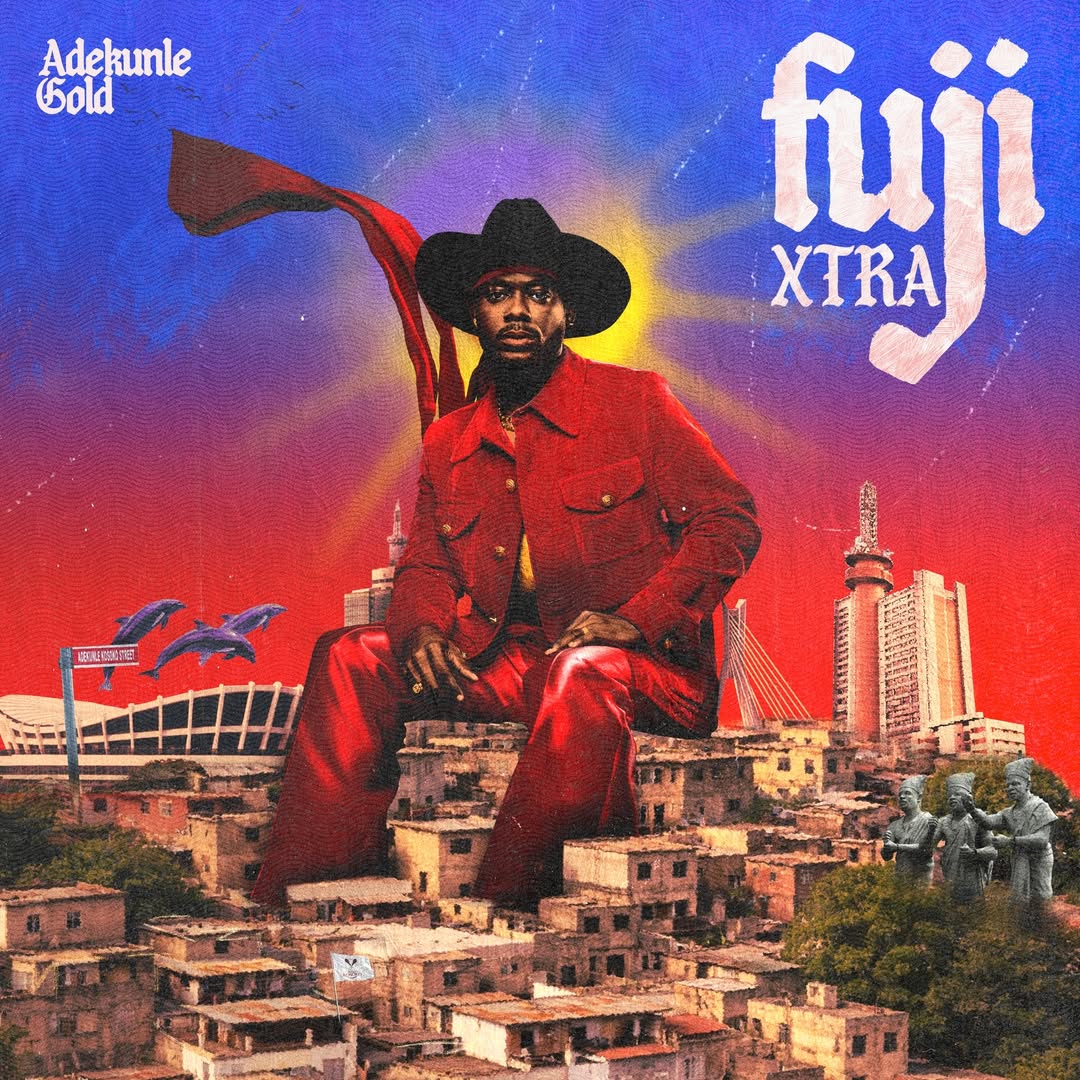 The official album cover for Adekunle Gold’s Fuji Xtra, featuring a surrealist design with the artist in a red suit and cowboy hat overlooking a city landscape.