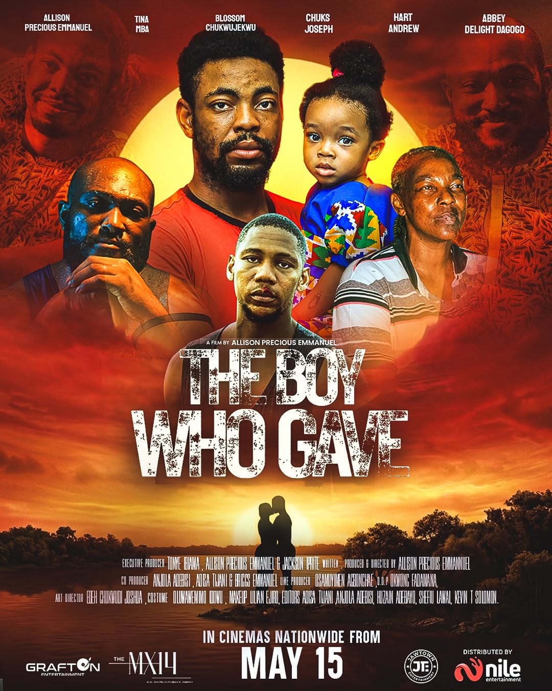 The official movie poster for the film The Boy Who Gave, featuring close-ups of cast members Blossom Chukwujekwu, Allison Precious Emmanuel, and a young child against a warm sunset silhouette backdrop over Bonny Island.
