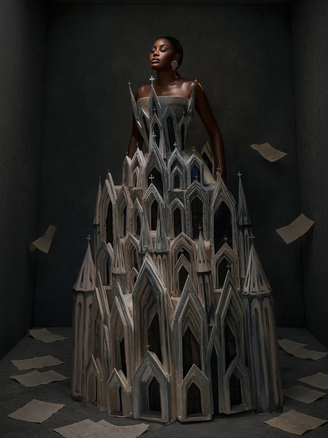 Nana Akua Addo in a grey architectural cathedral-inspired gown by Mohammed Abbas Ossu, made in Lagos for the 2026 AMVCA.