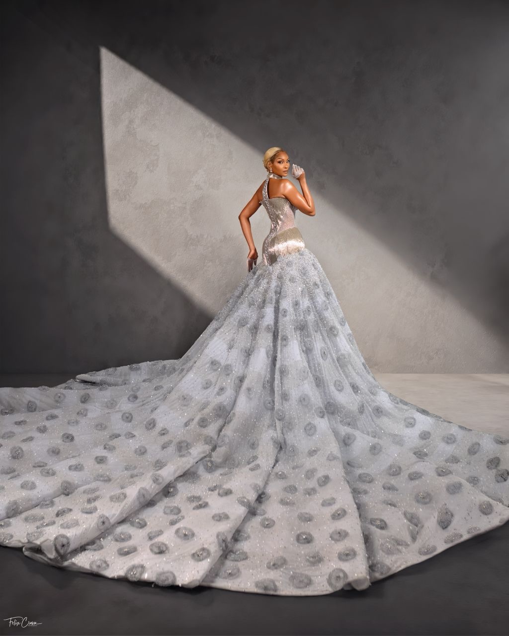 Back view of Osas Ighodaro’s silver Veekee James gown showing the expansive tulle train.