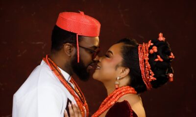 Ibrahim and Linda Ejiofor-Suleiman sharing a close-up moment in traditional Edo attire for the AMVCA 12 Cultural Night.