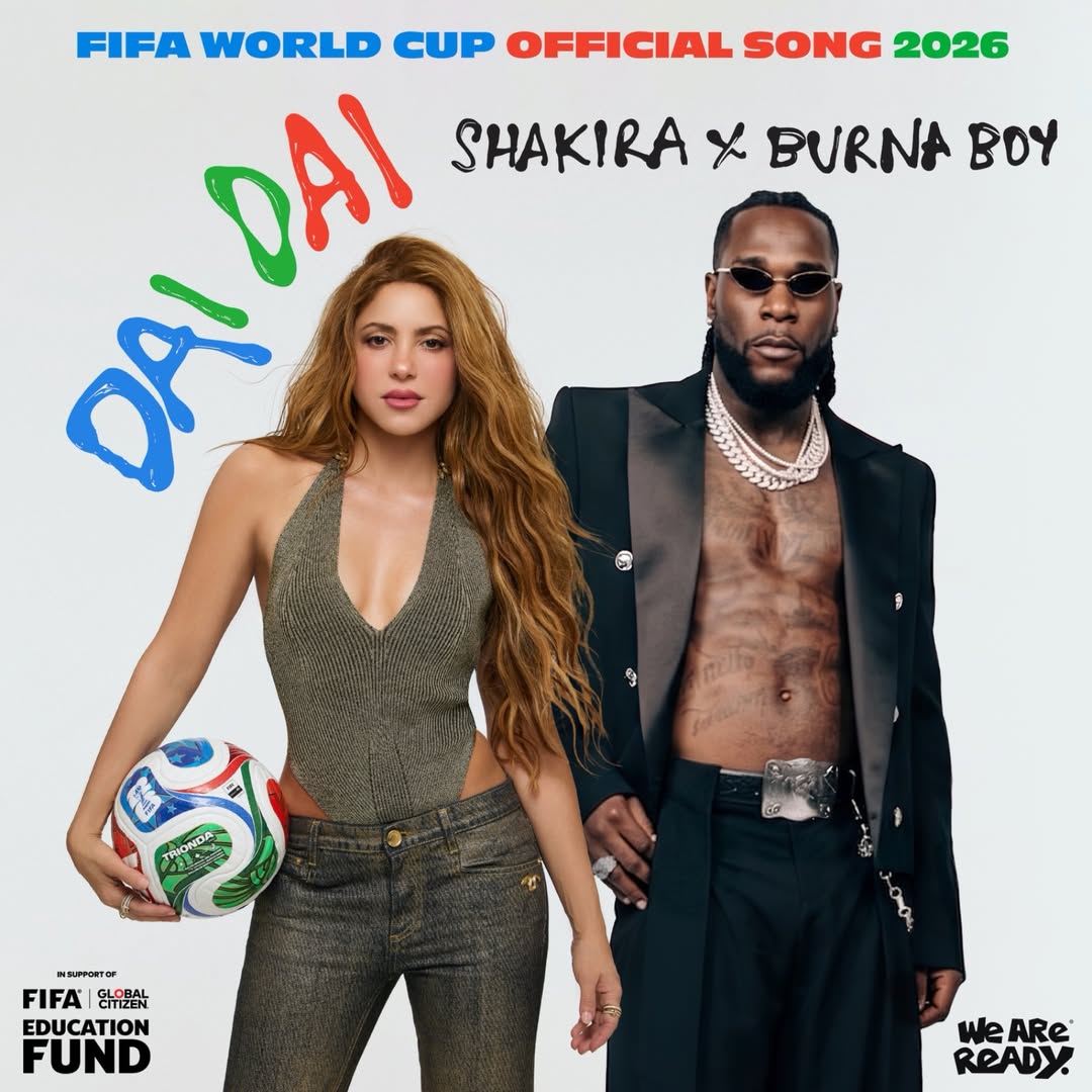 Official single cover for "Dai Dai" featuring Shakira holding a football and Burna Boy in an open black suit jacket and diamond chains.