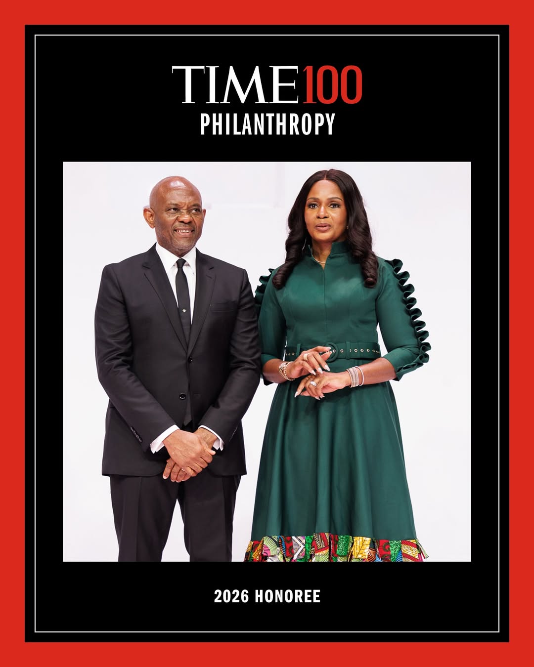 Official graphic for the Tony Elumelu Foundation marking the naming of Tony O. Elumelu and Dr. Awele V. Elumelu as 2026 TIME100 Philanthropy honourees.