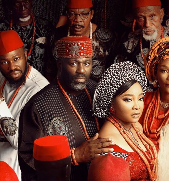 Movie poster for ‘The Serpent’s Gift’ featuring Linda Ejiofor, Stan Nze, Tina Mba, and Daniel Etim Effiong in traditional Igbo attire including red caps and coral beads.