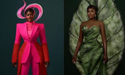 A side-by-side photo comparison of Nana Akua Addo's two custom fashion choices for the 2026 Ghana Movie Awards: a two-tone pink and red trouser suit by Medlin Boss and a hand-painted forest green gown by Mohammed Abbas Ossu.