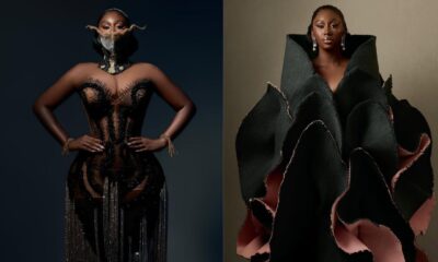 Big Brother Naija star Nelly Mbonu celebrating her June birthday in a heavily embellished Mub Rik corset gown with custom jaw armour alongside an oversized sculptural rose petal dress by Josiphiah Michael.