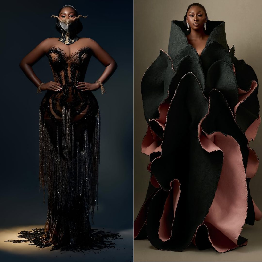 Big Brother Naija star Nelly Mbonu celebrating her June birthday in a heavily embellished Mub Rik corset gown with custom jaw armour alongside an oversized sculptural rose petal dress by Josiphiah Michael.