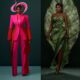 A side-by-side photo comparison of Nana Akua Addo's two custom fashion choices for the 2026 Ghana Movie Awards: a two-tone pink and red trouser suit by Medlin Boss and a hand-painted forest green gown by Mohammed Abbas Ossu.