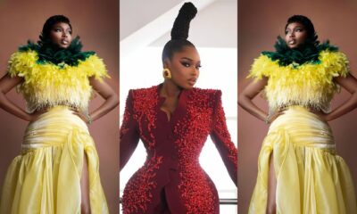 Sabrina Idukpaye in a canary yellow feathered gown by ASO Nigeria and a coral-embellished burgundy trousersuit by Juliet Peters