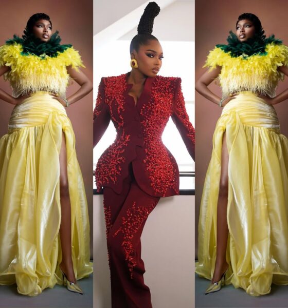 Sabrina Idukpaye in a canary yellow feathered gown by ASO Nigeria and a coral-embellished burgundy trousersuit by Juliet Peters