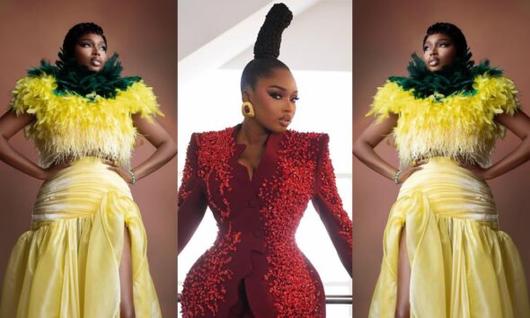 Sabrina Idukpaye in a canary yellow feathered gown by ASO Nigeria and a coral-embellished burgundy trousersuit by Juliet Peters