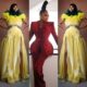 Sabrina Idukpaye in a canary yellow feathered gown by ASO Nigeria and a coral-embellished burgundy trousersuit by Juliet Peters