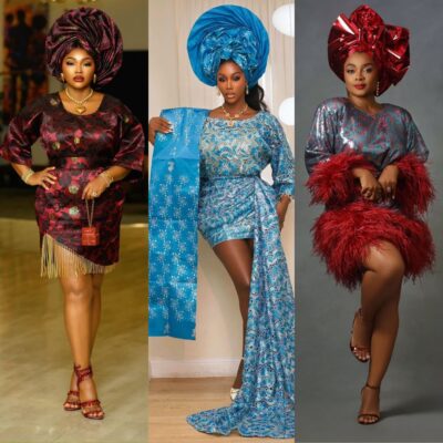 Mercy Aigbe in a burgundy brocade dress, Nelly Mbonu in a blue lace gown with a train, and Bimbo Akintola in a sequinned dress with red feathers.