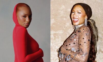 A side-by-side photo collage of Temi Otedola showcasing two distinct maternity styles while cradling her baby bump.
