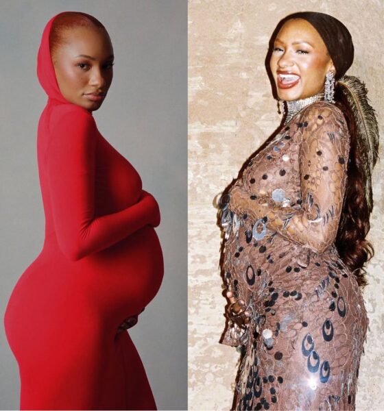 A side-by-side photo collage of Temi Otedola showcasing two distinct maternity styles while cradling her baby bump.