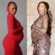 A side-by-side photo collage of Temi Otedola showcasing two distinct maternity styles while cradling her baby bump.