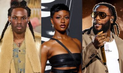 A three-panel portrait collage featuring Nigerian musicians Rema in a gold shearling vest, Ayra Starr in a black strapped outfit, and Burna Boy performing with a microphone.