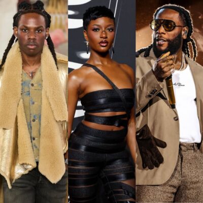 A three-panel portrait collage featuring Nigerian musicians Rema in a gold shearling vest, Ayra Starr in a black strapped outfit, and Burna Boy performing with a microphone.