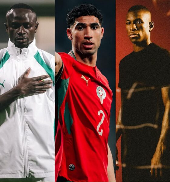 Senegal's Sadio Mané with his hand over his heart, Morocco's Achraf Hakimi in his red national team jersey, and Chelsea's Nicolas Jackson in a black t-shirt against a red background.