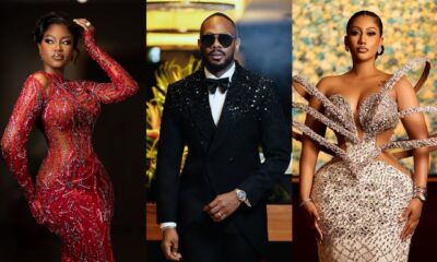 Yvonne Nelson in an embellished crimson gown, Daniel Etim Effiong in a sequined black tuxedo, and Mona in a structural white gown with architectural loops at the Ghana Movie Awards 2026.