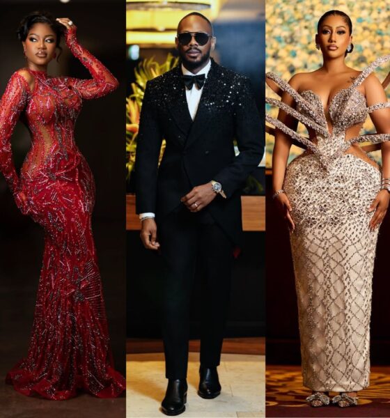 Yvonne Nelson in an embellished crimson gown, Daniel Etim Effiong in a sequined black tuxedo, and Mona in a structural white gown with architectural loops at the Ghana Movie Awards 2026.