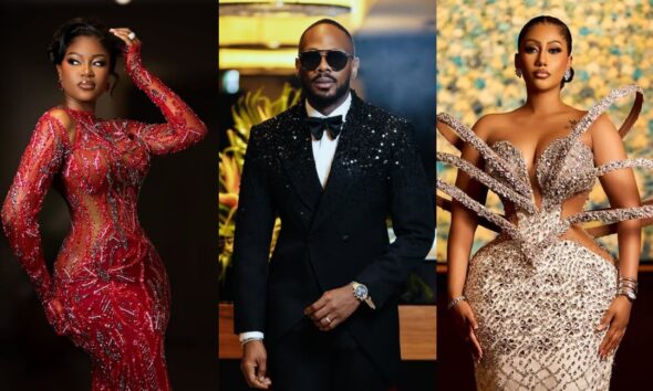Yvonne Nelson in an embellished crimson gown, Daniel Etim Effiong in a sequined black tuxedo, and Mona in a structural white gown with architectural loops at the Ghana Movie Awards 2026.