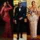 Yvonne Nelson in an embellished crimson gown, Daniel Etim Effiong in a sequined black tuxedo, and Mona in a structural white gown with architectural loops at the Ghana Movie Awards 2026.