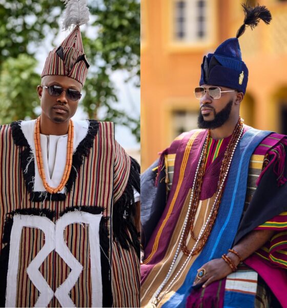 A side-by-side photo showcasing Vector in a fringed geometric striped robe and Akin Faminu in a vibrant layered wine and blue Aso-Oke ensemble with a tall tasseled fila at Ojude Oba 2026.