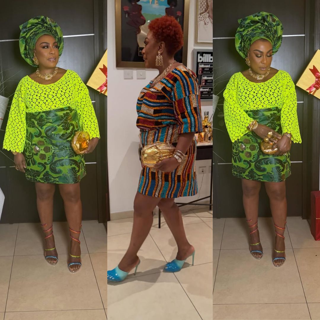Bose Ogulu wearing a lime green lace and pattern-blocked Oleku outfit, next to an image of her in a multi-coloured woven print Oleku ensemble.