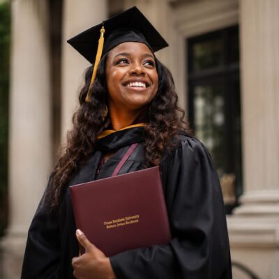 An AI-generated image of a smiling Black woman in a black academic graduation gown and cap, holding a certificate folder outdoors in front of a university building