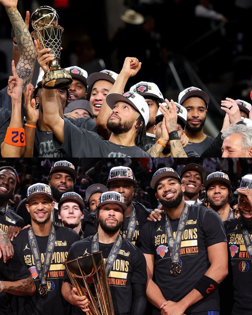 Jalen Brunson holding the Bill Russell Finals MVP trophy surrounded by teammates celebrating the New York Knicks 2026 NBA championship.