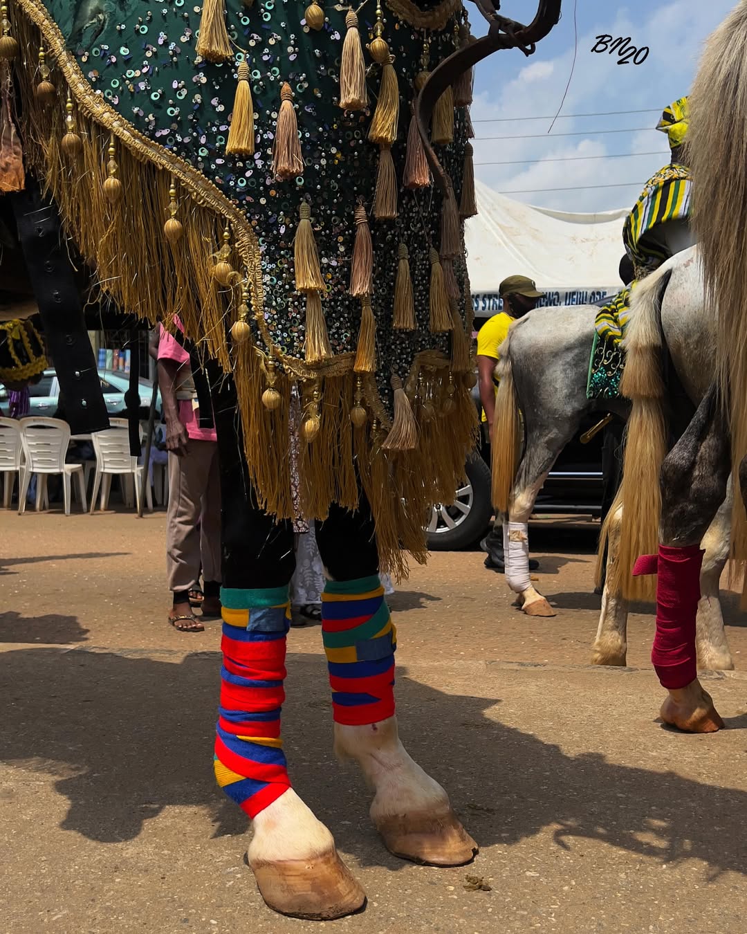 Close-up of a horse's lower legs wrapped in vibrant red, blue, and yellow bands during the royal parade at Ijebu-Ode.