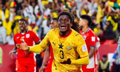 Nineteen-year-old Caleb Yirenkyi smiling and shouting in celebration with open arms on the pitch at Toronto Stadium after scoring against Panama.