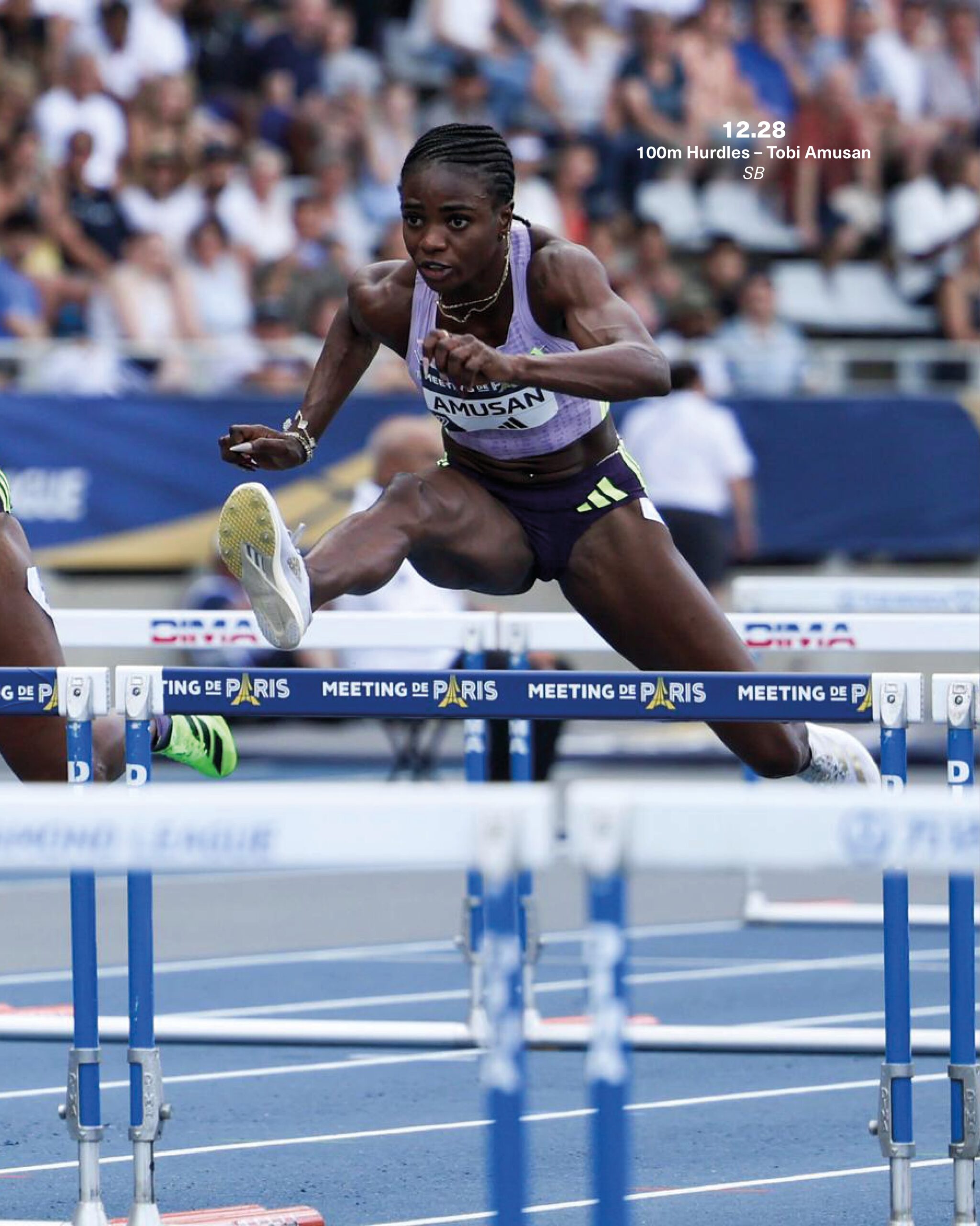 Nigerian athlete Tobi Amusan clearing a hurdle to win the women’s 100m hurdles at the 2026 Paris Diamond League in 12.28 seconds.