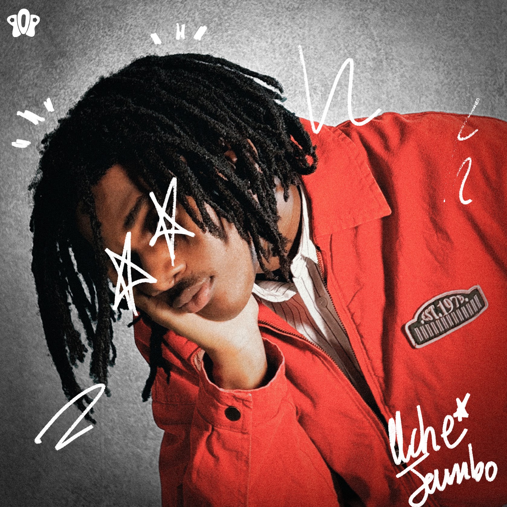 Official single cover art for Uche Jumbo by Taves, featuring a close-up profile of the artist in a red jacket with white hand-drawn star illustrations over his eyes.