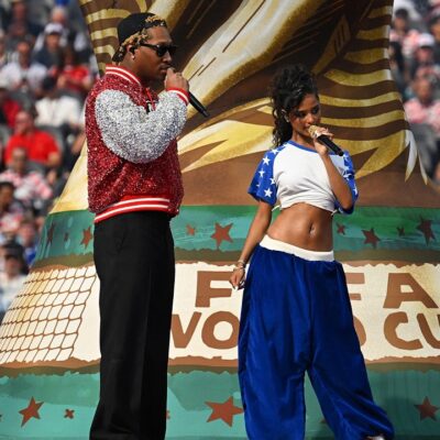 Tyla and Future performing their official song Game Time together on stage at the 2026 FIFA World Cup opening ceremony in Los Angeles.