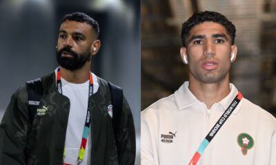 Egypt's Mohamed Salah and Morocco's Achraf Hakimi wearing official national team apparel and tournament passes at the World Cup.