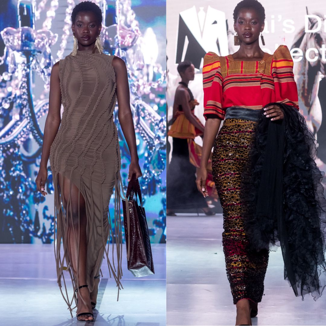 Kimberly Jael Aremo Acio in a taupe woven fringe dress with a crocodile-embossed tote at the Jinja Super Model Challenge, beside a red puff-sleeve striped blouse with a sequined skirt at the Kai’s Divo Collection runway.