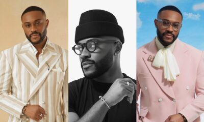 Omotosho wearing three tailored outfits: an Emmy Kasbit dusty pink suit with an ivory neck bow, a black streetwear set with a beanie, and an Oseyi Adams cream and beige striped suit.